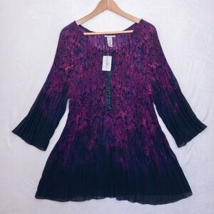 Catherines Tunic Top Womens Size 2X Pink Purple Beaded Crinkle Blouse New
